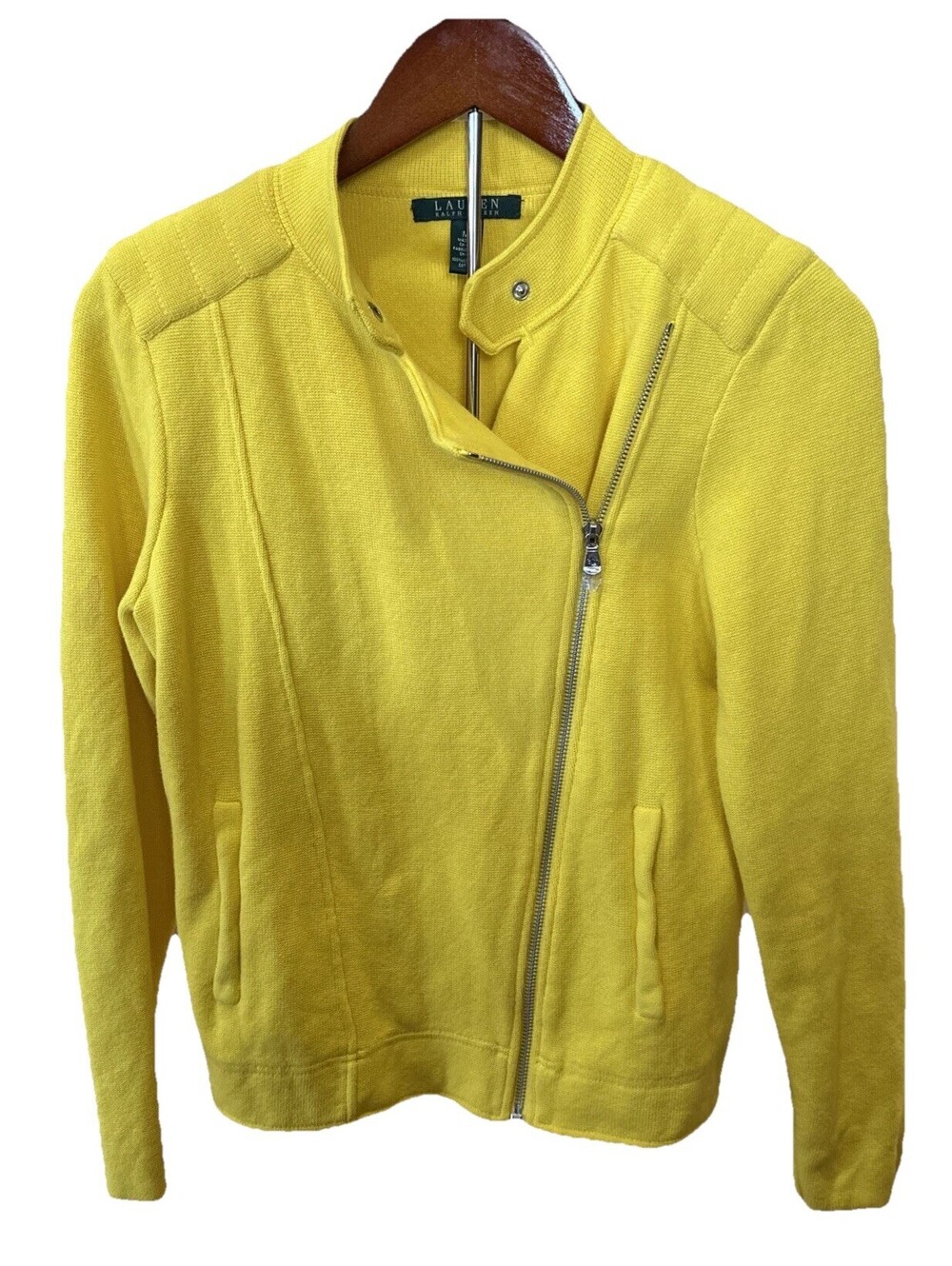 Lauren Ralph Lauren knit asymmetrical zip moto sweater jacket Size Medium Yellow